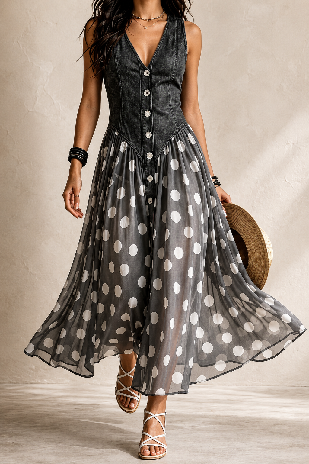 Elodie Polka Dot Chiffon Midi Dress | SIMSHA