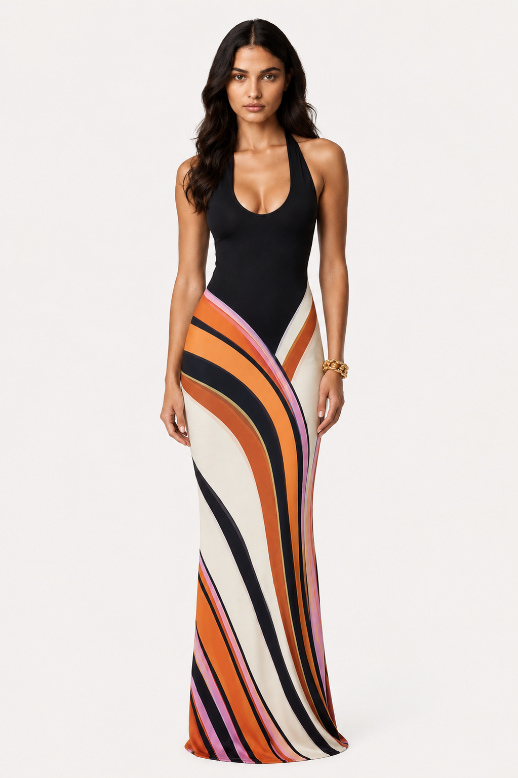 Aurora Wave Halter Maxi Dress | SIMSHA