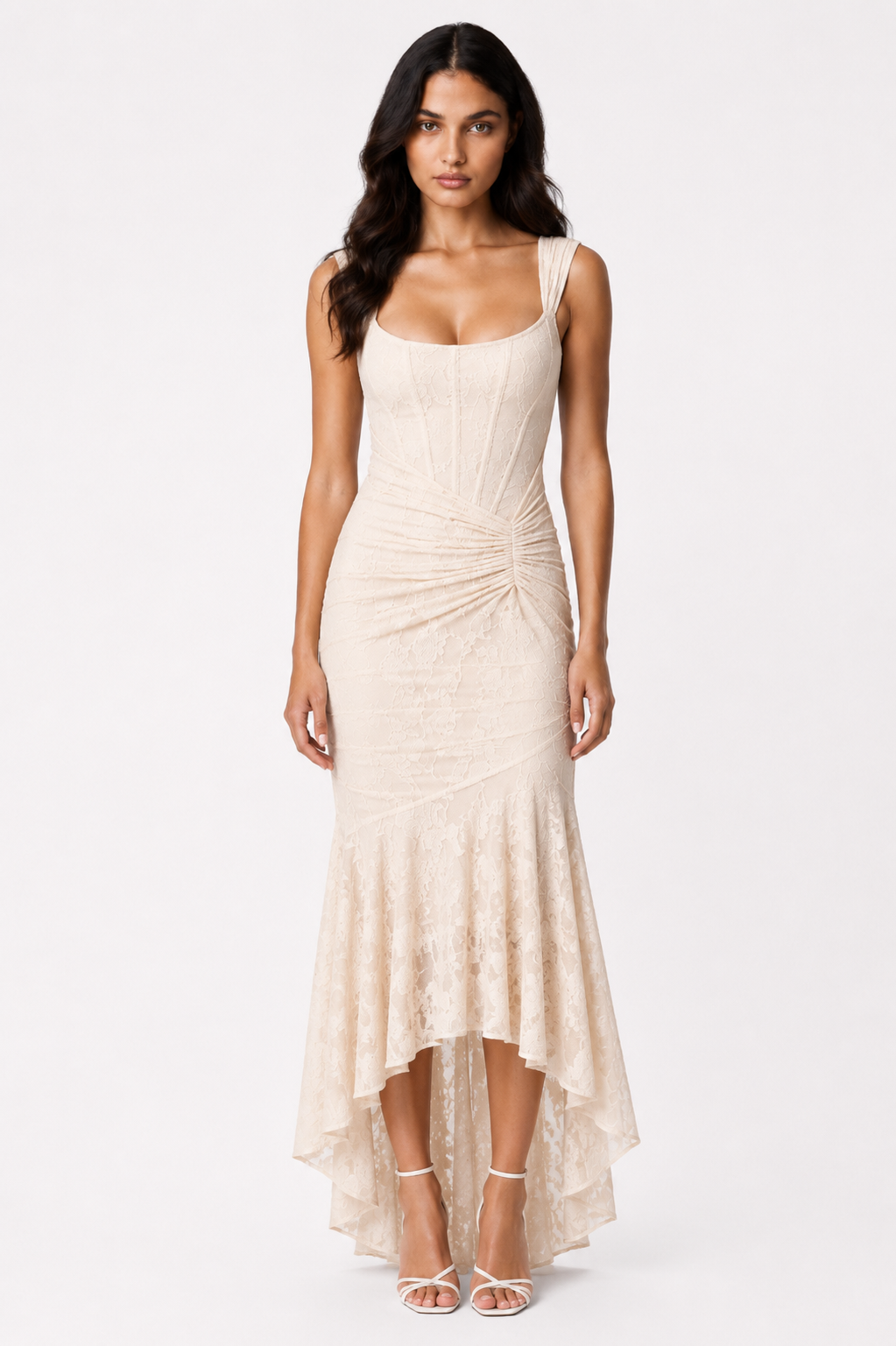 Celeste Asymmetrical Lace Midi Dress | SIMSHA