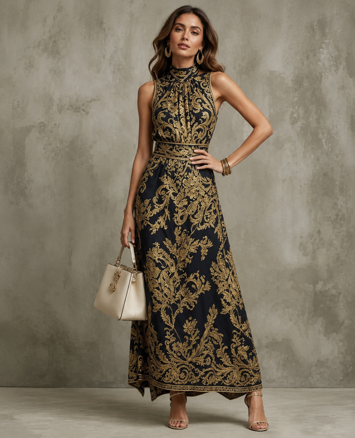 Royal Noir Baroque Maxi Dress | SIMSHA
