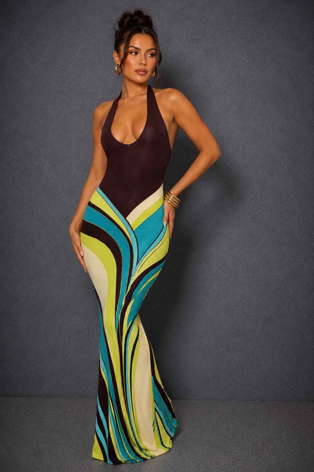 Aurora Wave Halter Maxi Dress | SIMSHA