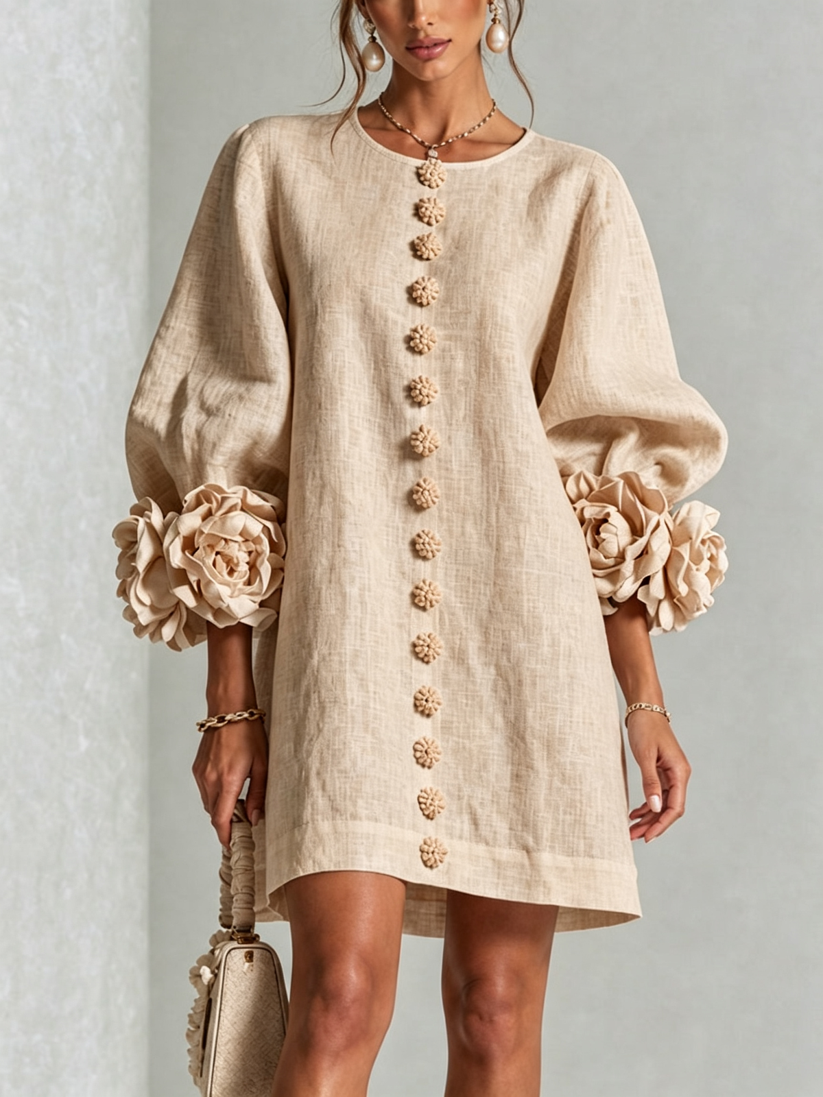 Elara Floral-Cuff Button-Front Mini Dress | SIMSHA