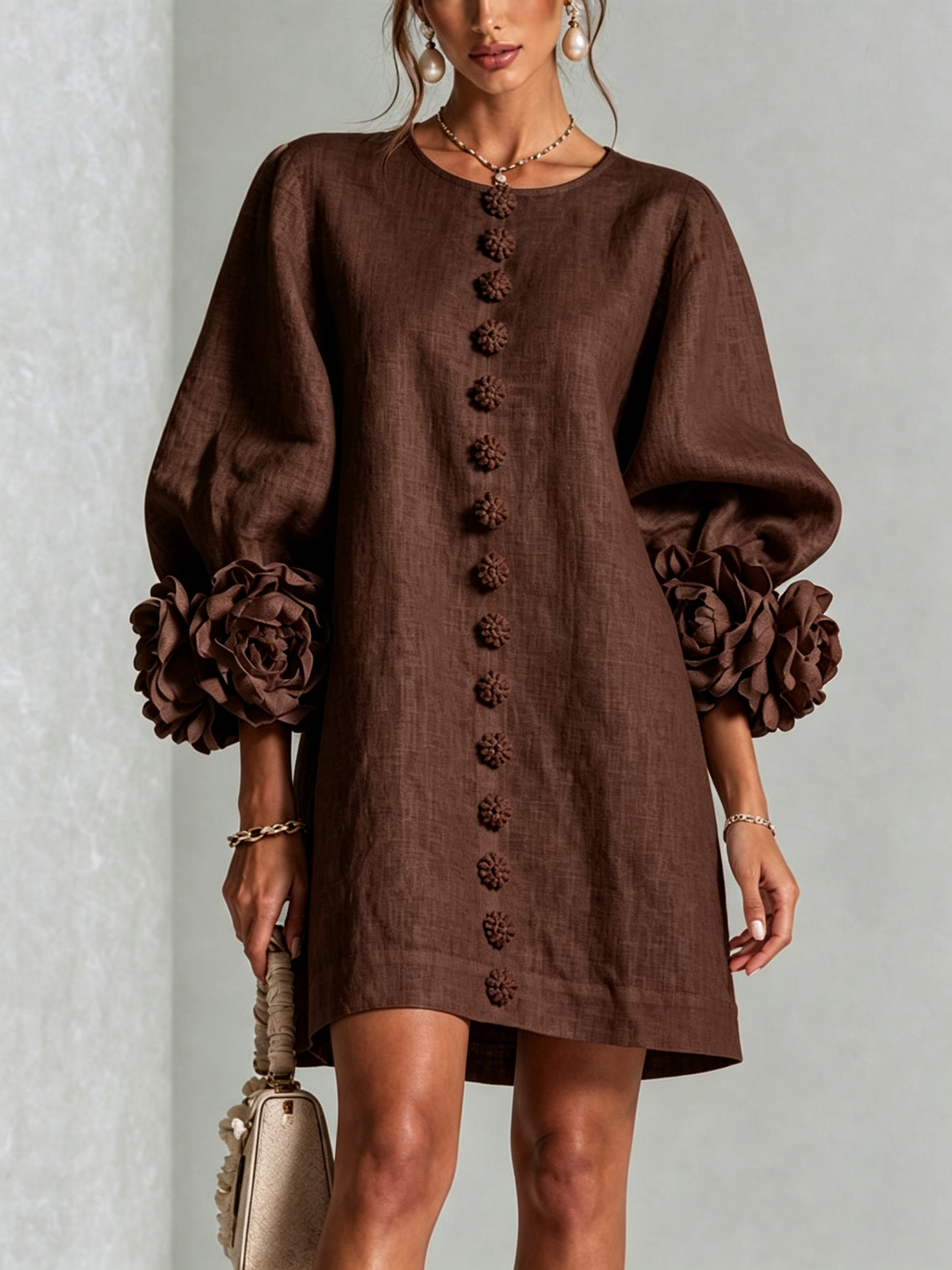 Elara Floral-Cuff Button-Front Mini Dress | SIMSHA