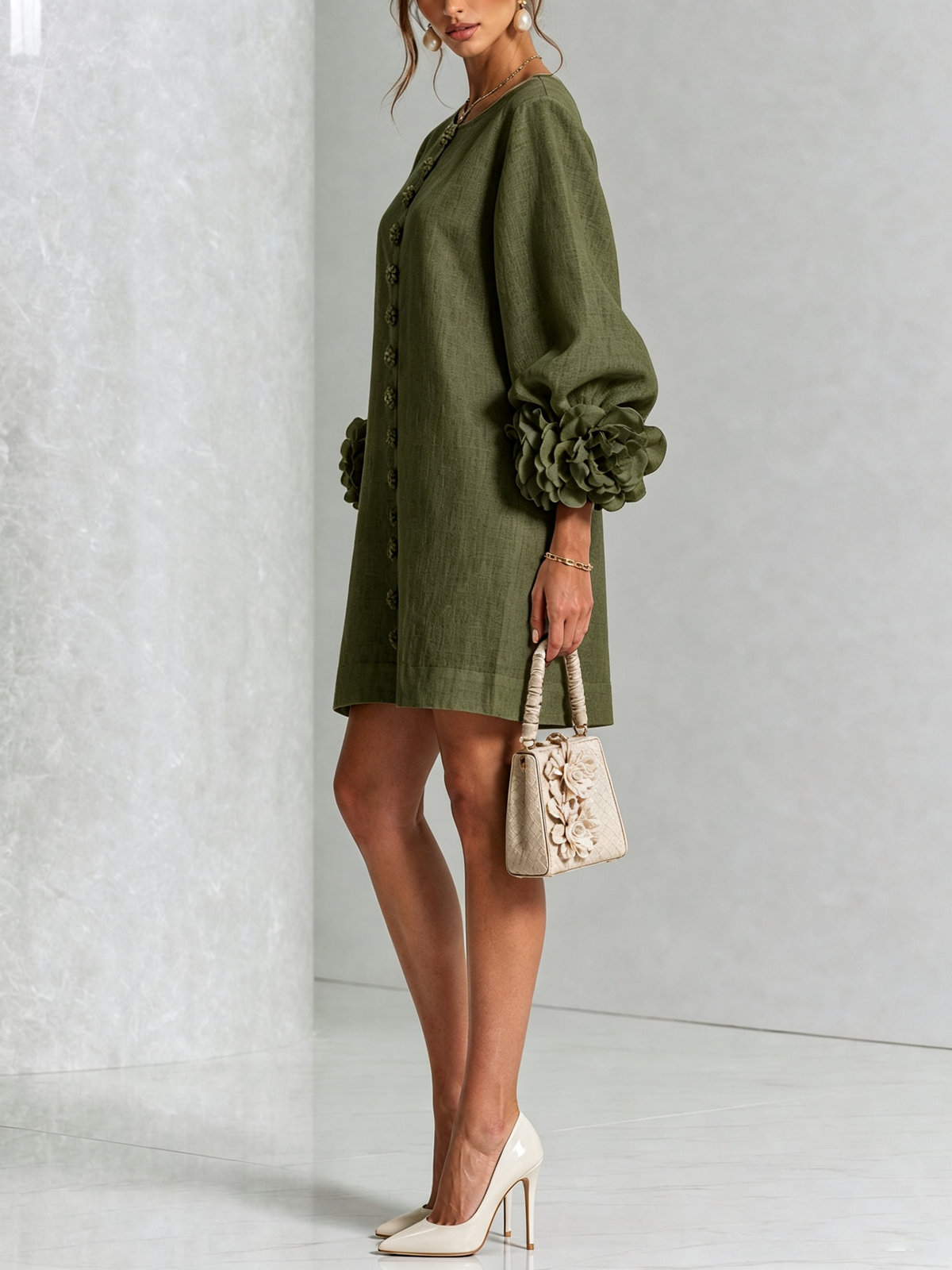 Elara Floral-Cuff Button-Front Mini Dress | SIMSHA