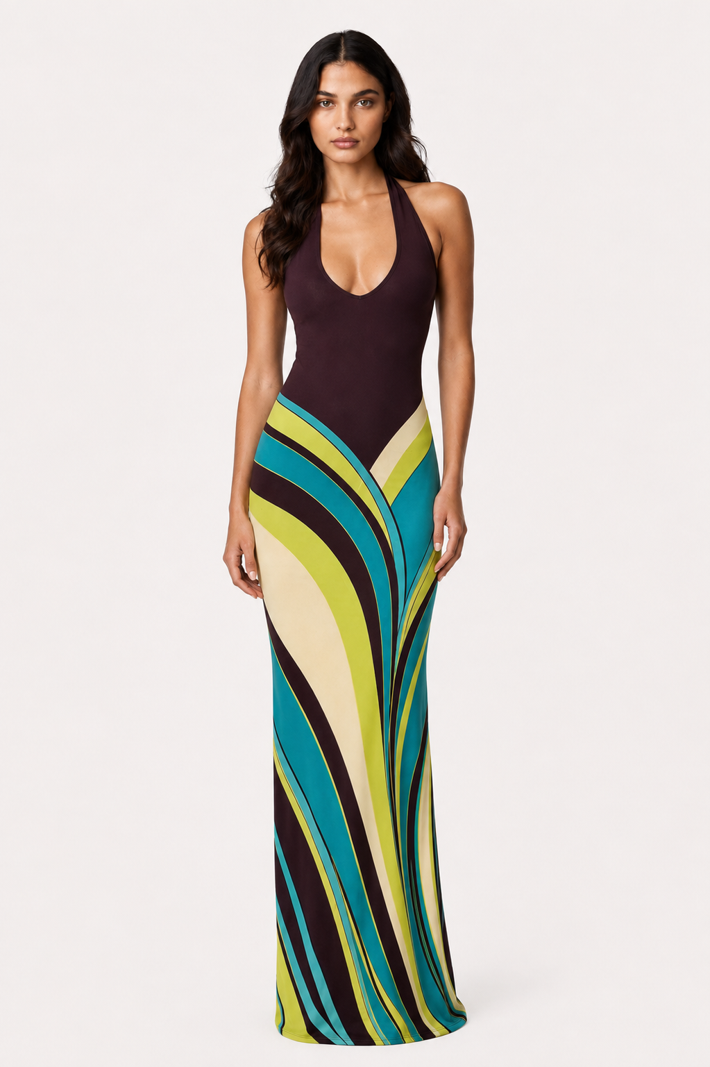 Aurora Wave Halter Maxi Dress | SIMSHA