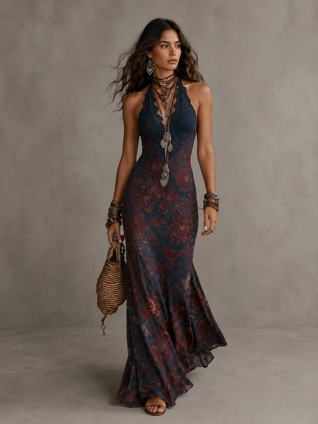 Midnight Bloom Halter Maxi Dress | SIMSHA