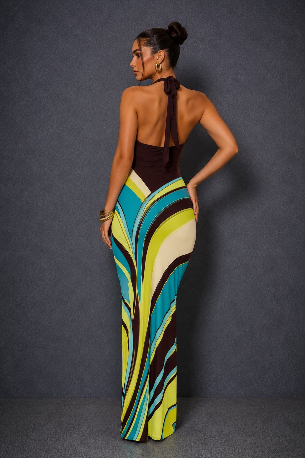 Aurora Wave Halter Maxi Dress | SIMSHA