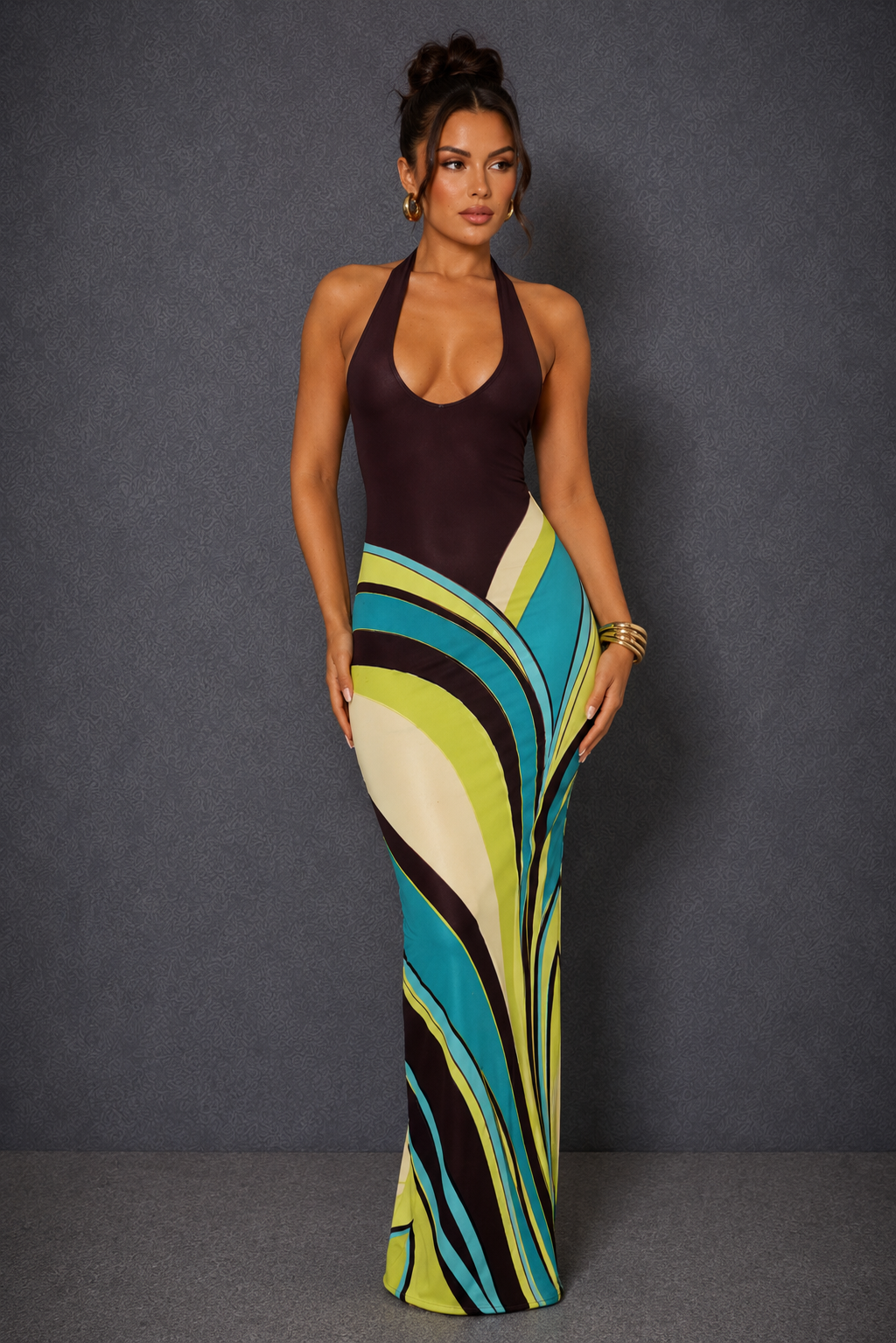 Aurora Wave Halter Maxi Dress | SIMSHA
