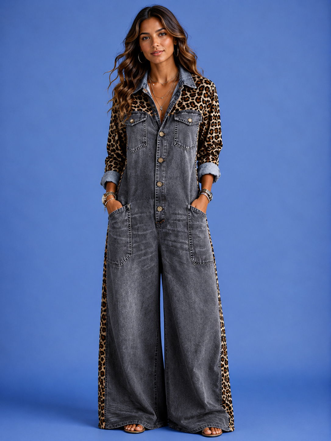 Savannah Denim Leopard Jumpsuit | SIMSHA