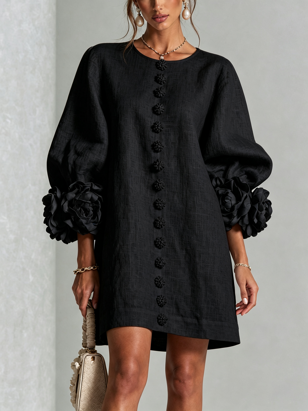 Elara Floral-Cuff Button-Front Mini Dress | SIMSHA