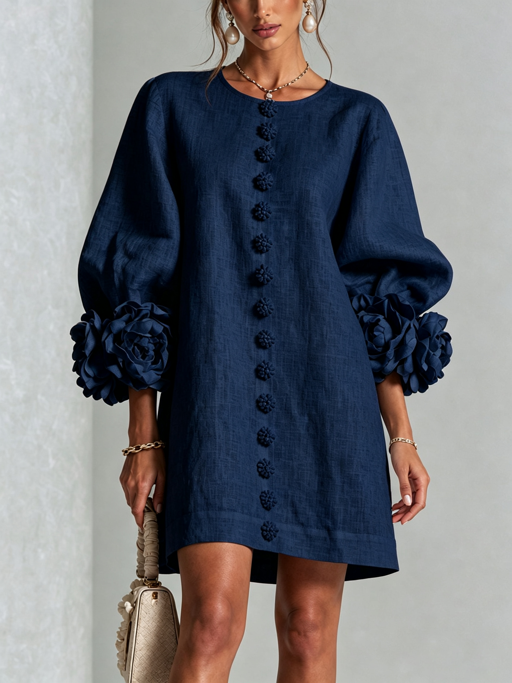 Elara Floral-Cuff Button-Front Mini Dress | SIMSHA