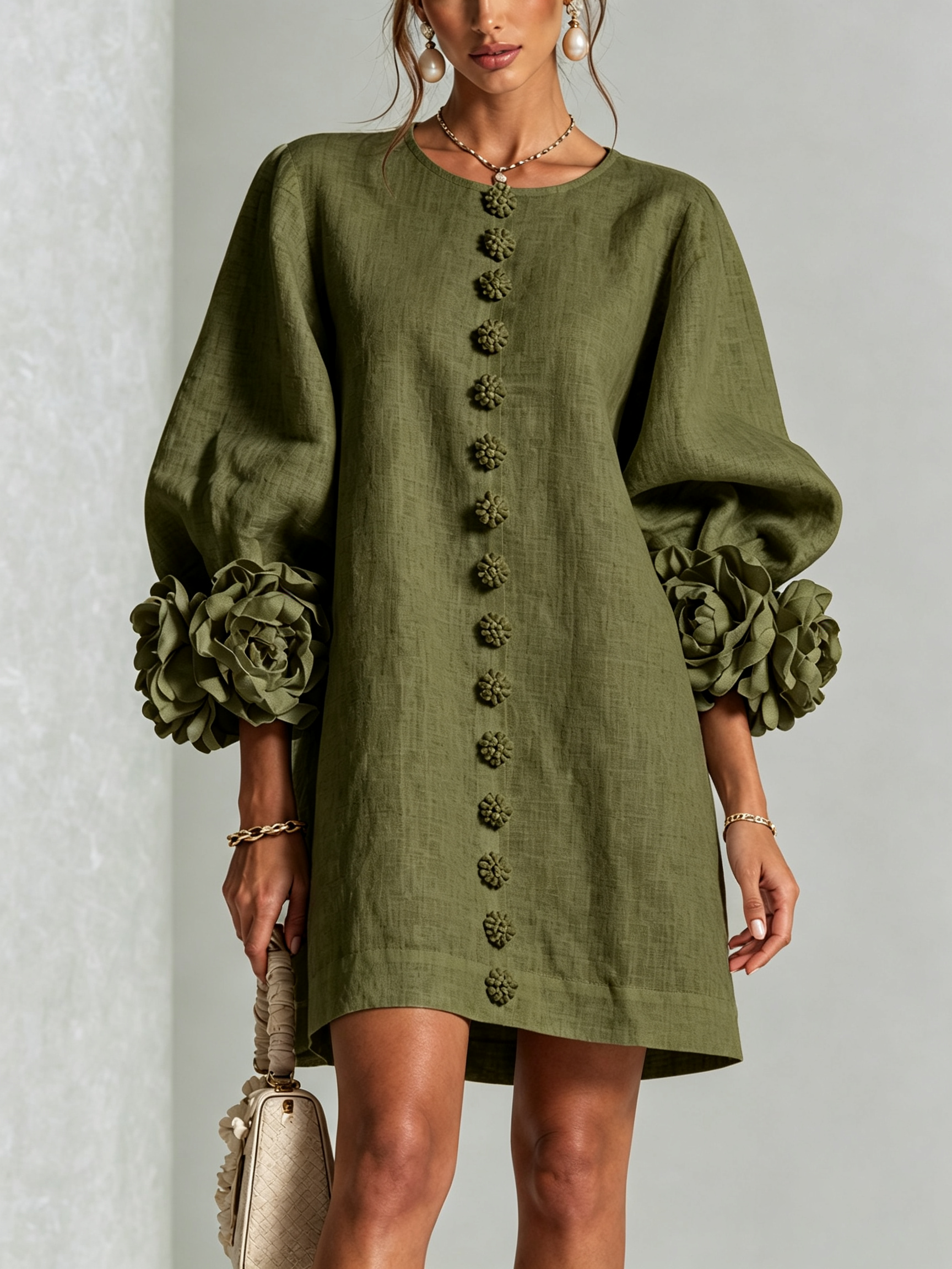 Elara Floral-Cuff Button-Front Mini Dress | SIMSHA