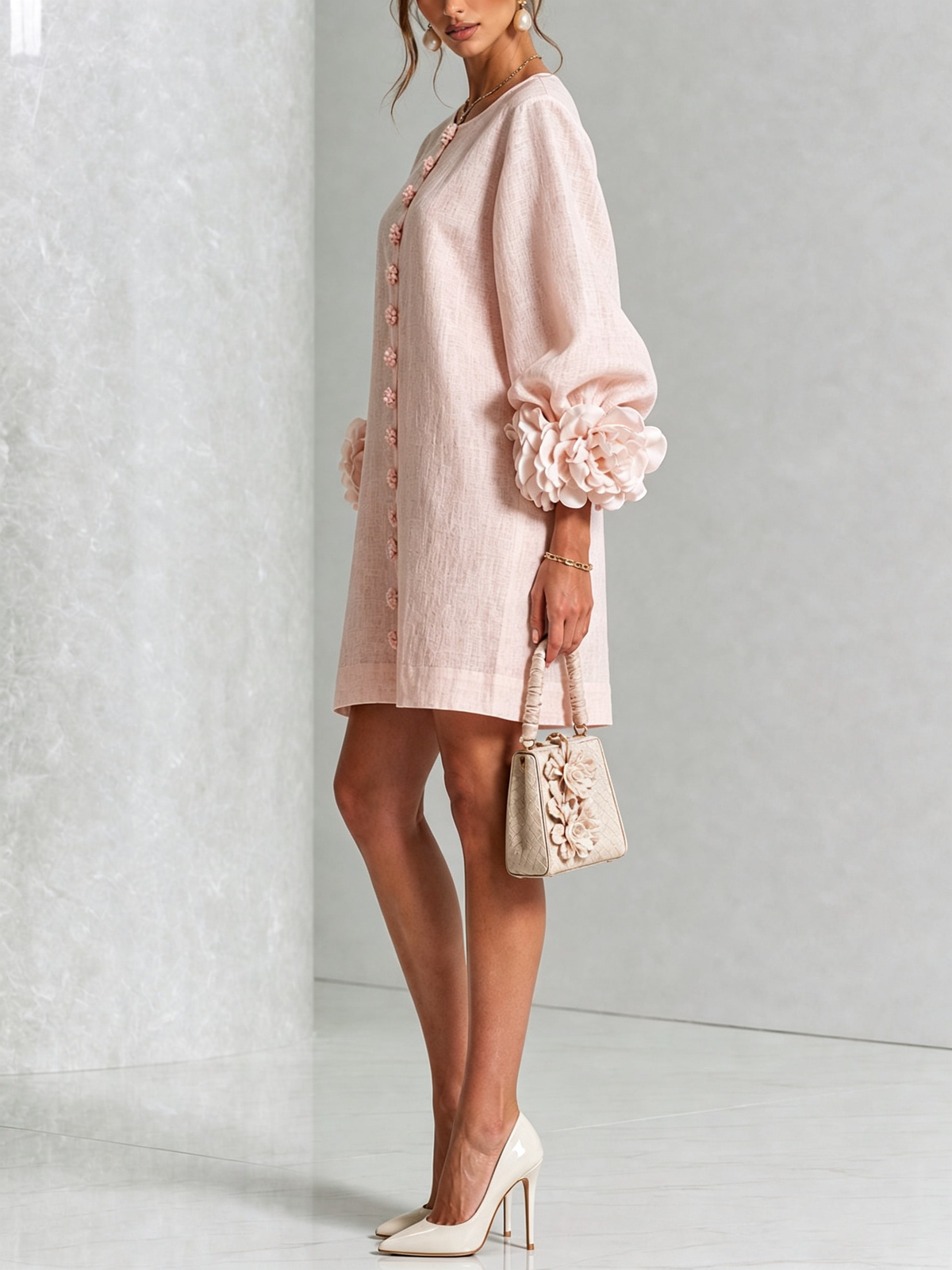 Elara Floral-Cuff Button-Front Mini Dress | SIMSHA