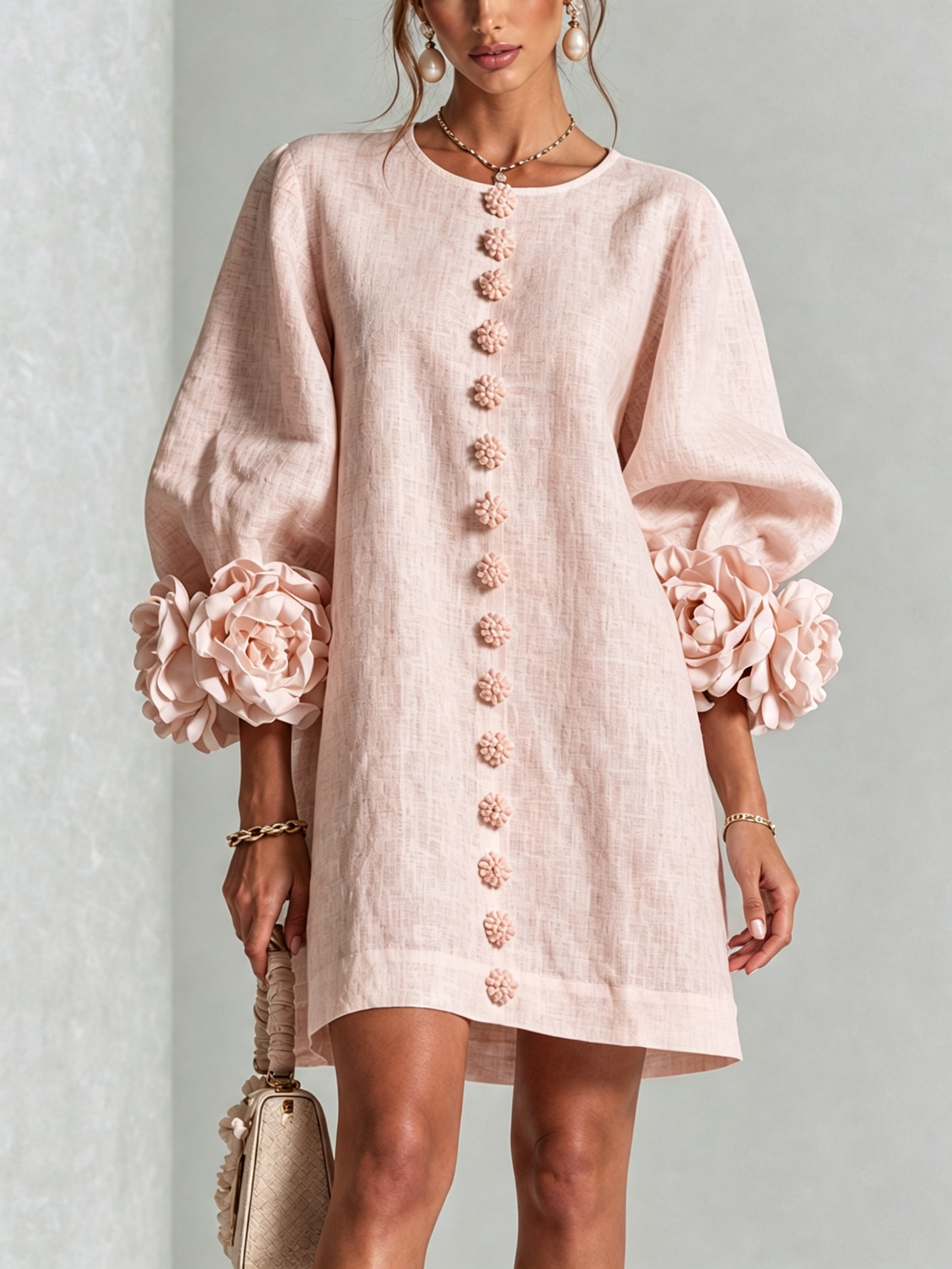Elara Floral-Cuff Button-Front Mini Dress | SIMSHA