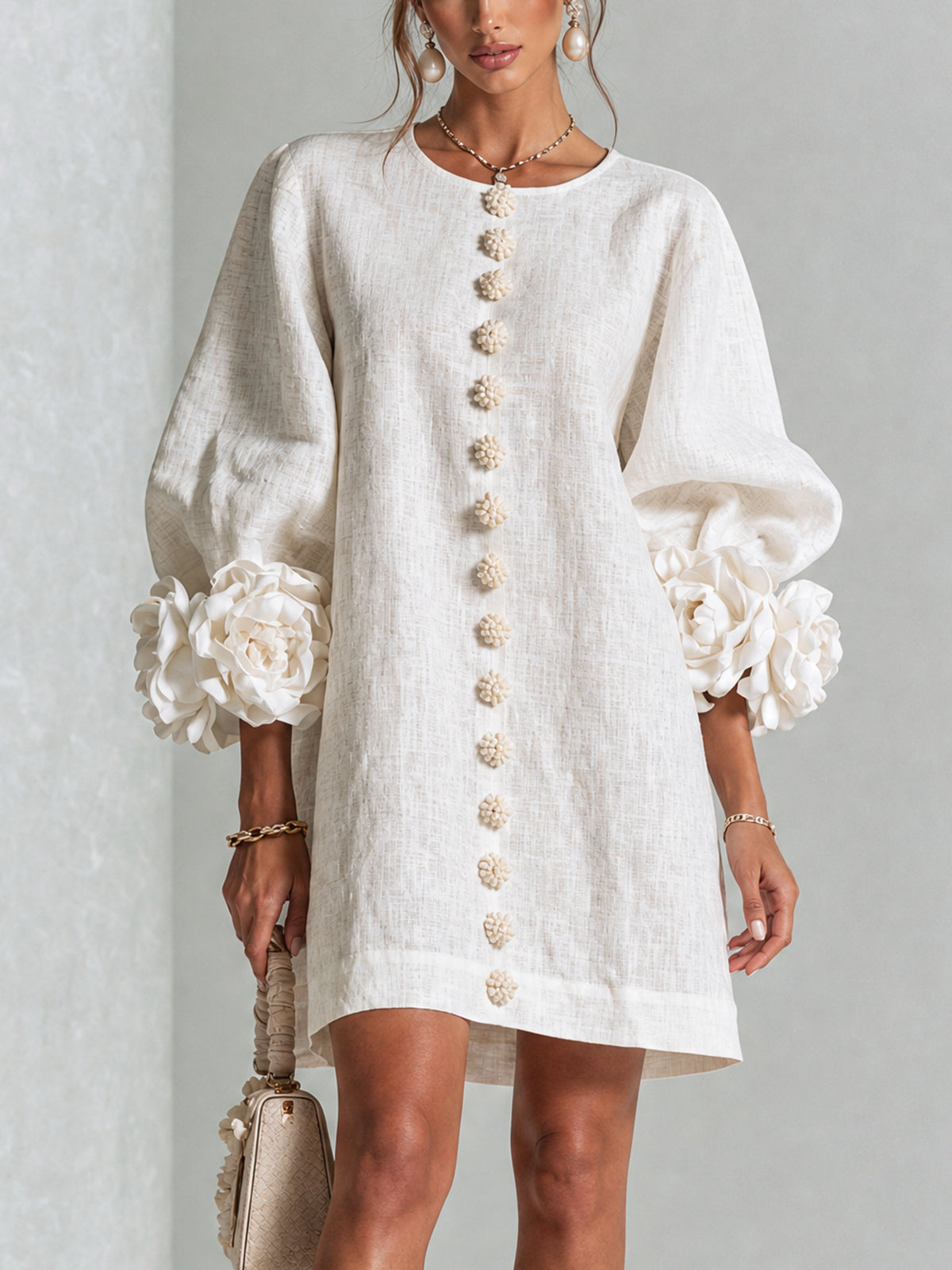 Elara Floral-Cuff Button-Front Mini Dress | SIMSHA