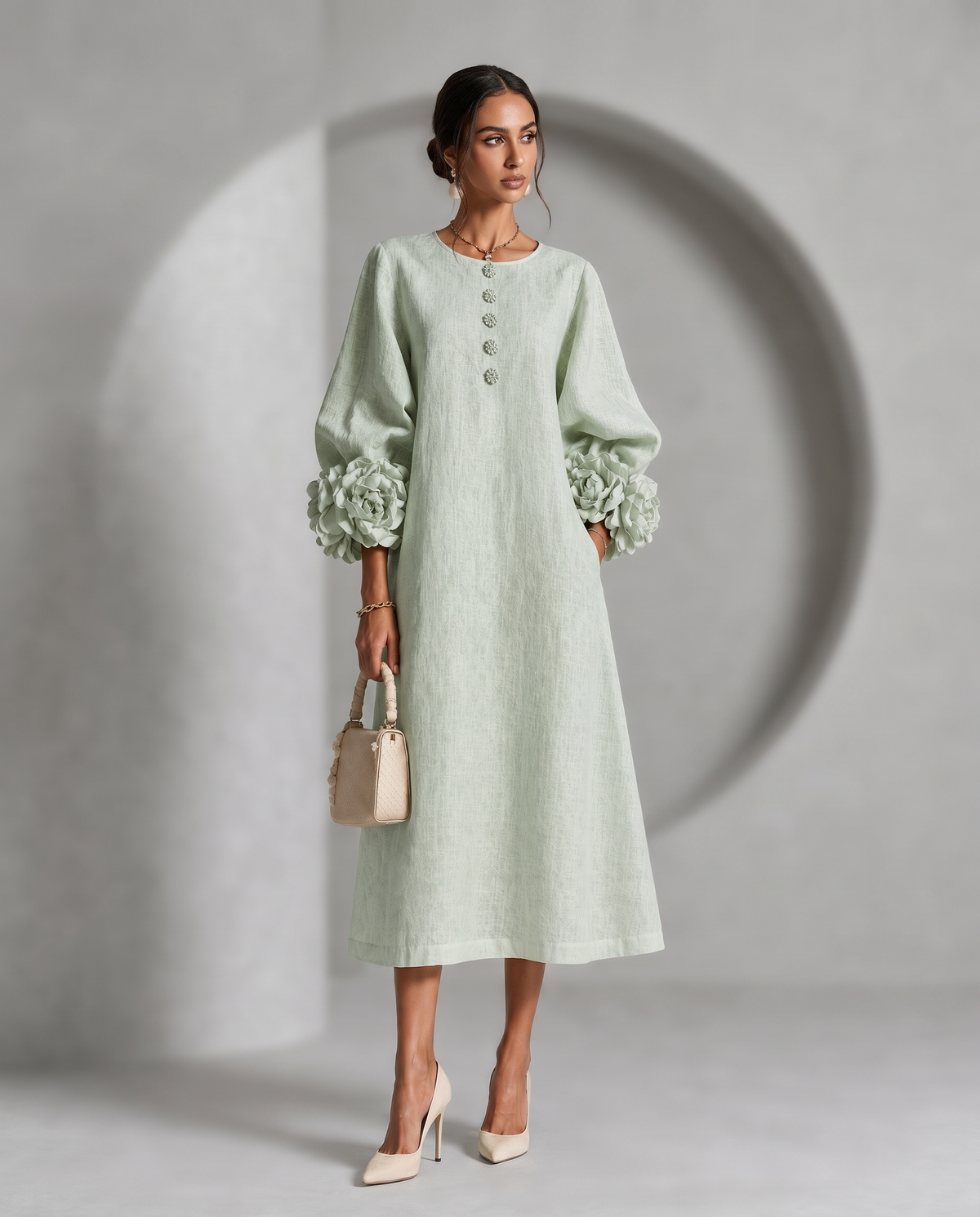 Eleanor™ | Elegant Floral-Cuff Midi Dress