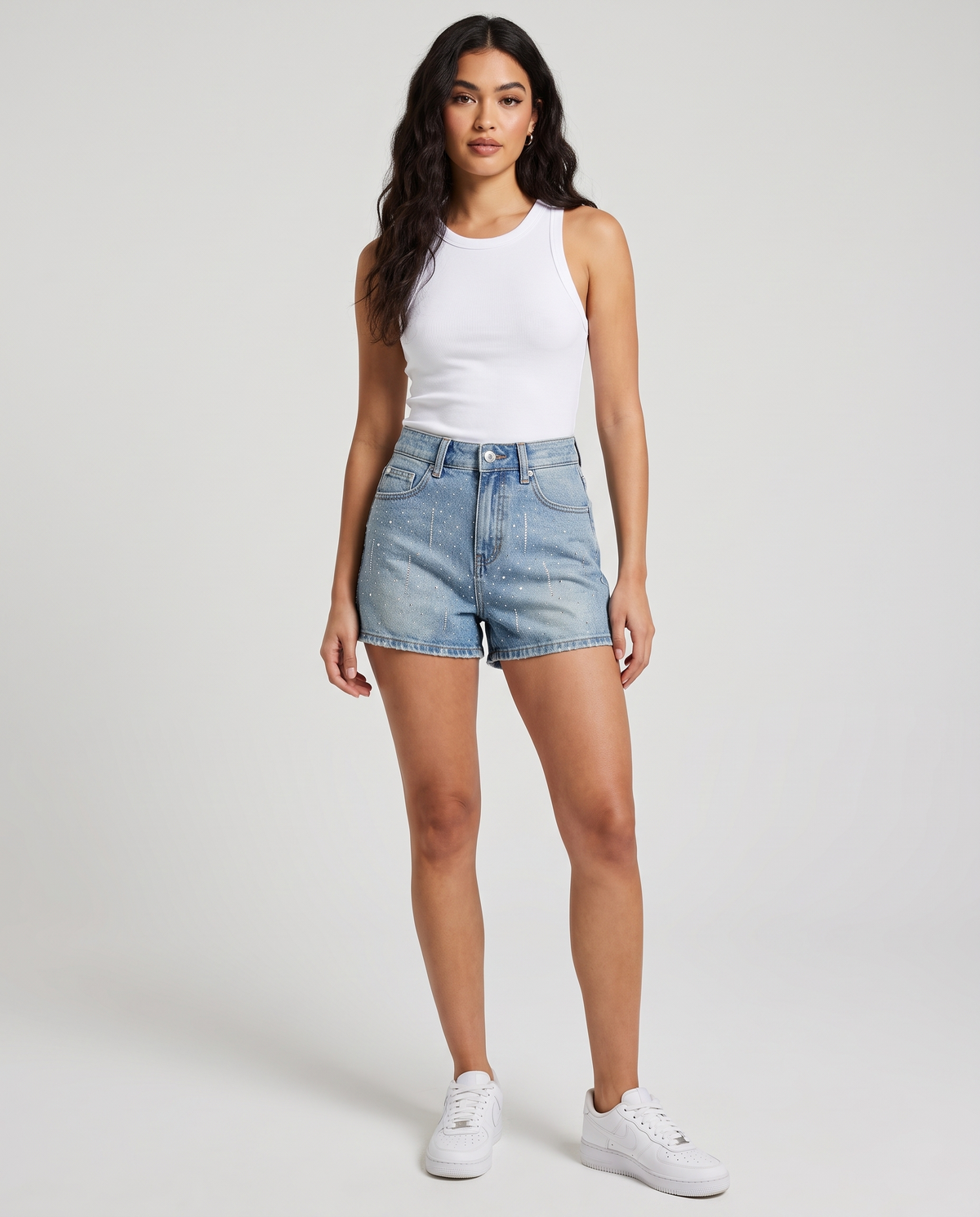 Elara™ Diamante Rhinestone Denim Shorts