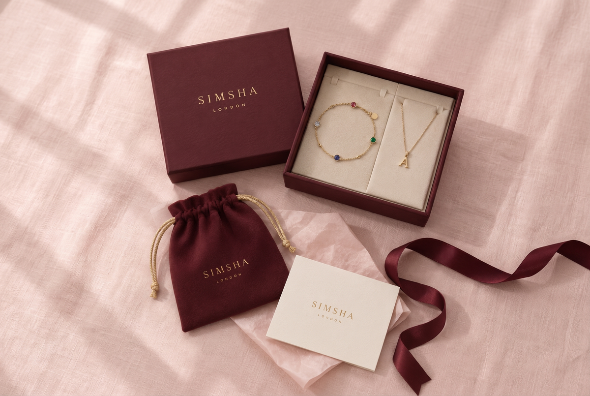 Simsha London burgundy jewellery packaging